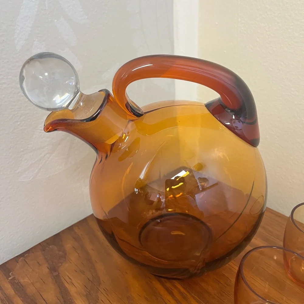 Vintage Cambridge Amber Glass Tilt Ball Cordial Decanter w/2 Glasses